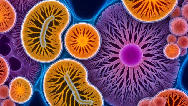 Colorful cells and bacteria, highly magnified view