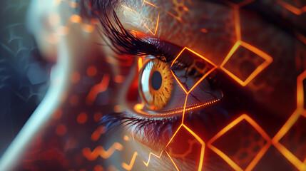 Close up of human eye with glowing neon lights, Human eye in futuristic cyberspace, Close-up of human eye with glowing iris, 