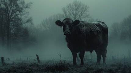  cow in foggy field, trees behind, wire fence forward
