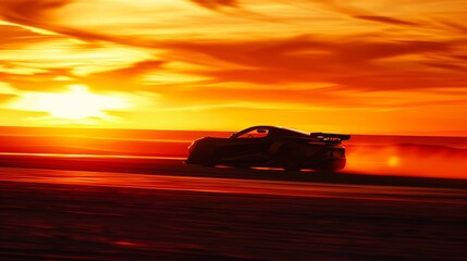 Fototapeta na wymiar Sports Car Racing on Track at Sunset Silhouette, Fiery Sky