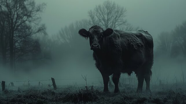  cow in foggy field, trees behind, wire fence forward