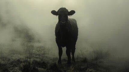  cow stands in misty grass field, foggy overcast day - obrazy, fototapety, plakaty