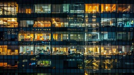 Glass curtain wall office building at night.