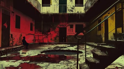 A dark and dirty courtyard with blood on the walls and floor. - obrazy, fototapety, plakaty