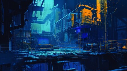 A dark and eerie industrial scene with pipes, platforms, and a large blue structure in the center.