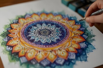 Immerse yourself in the meditative beauty of a mandala art creation, with delicate lines and bold shapes, brought to life through a watercolor rendering.