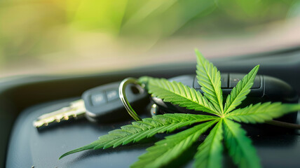 Cannabis marijuana Leaf and Car Keys, Representing Driving Under Influence. Concept dealership, transportation of drugs, hemp and leaves. - obrazy, fototapety, plakaty