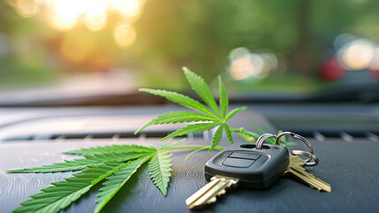 Cannabis marijuana Leaf and Car Keys, Representing Driving Under Influence. Concept dealership, transportation of drugs, hemp and leaves. - obrazy, fototapety, plakaty