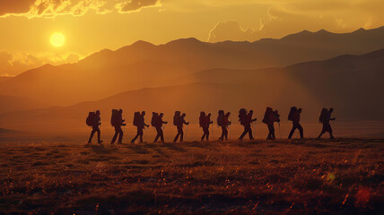 Majestic Sunset Hike, Group of People Trekking with backpacks in Mountainous Terrain, sunset light. - obrazy, fototapety, plakaty