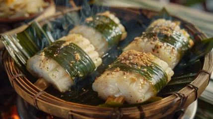 Fotobehang Lao Mok Pa dish - sliced white fish seasoned with spices and wrapped in banana leaves. © lastfurianec