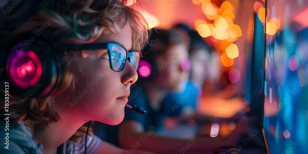 Poster young female student engrossed in coding and game development at after school technology club learni