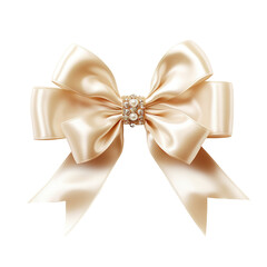 A gold and white silk ribbon bow with pearls and beads, design element, PNG, transparent background