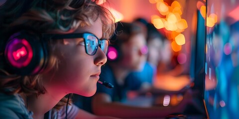 Young female student engrossed in coding and game development at after school technology club learning valuable programming skills and exploring her