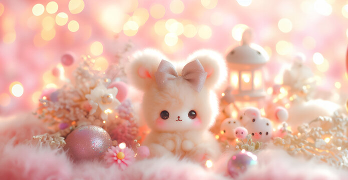Lovely fluffy cute doll with copy space pastel color, baby doll