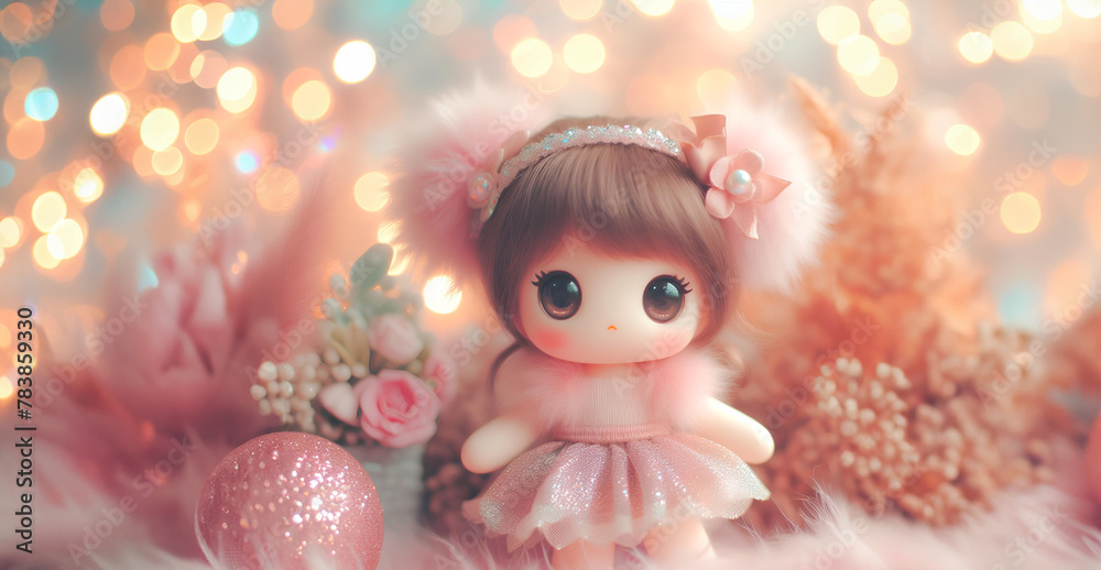 Wall mural Lovely fluffy cute doll with copy space pastel color, baby doll