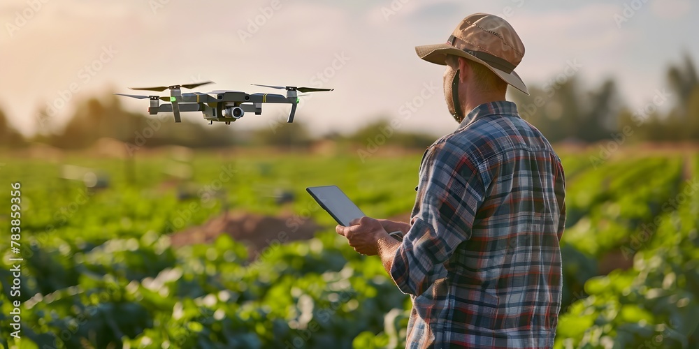 Poster farmer utilizing drone powered machine learning for optimized crop monitoring and agricultural pract