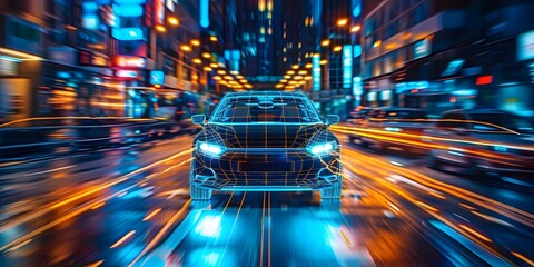 Autonomous Vehicle Navigating City Streetscapes at Night with Blurred Motion and Neon Lighting Reflecting Modern Smart Transportation Technologies