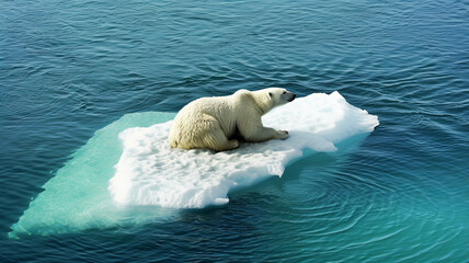 Naklejka premium Lonely Polar Bear Sitting on Small Ice Floe in Blue Arctic Waters, aerial top view. Global warming, change climate concept.