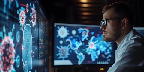 Epidemiologist Analyzing Digital Map to Track and Predict Global Disease Outbreaks