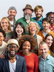 A diverse group of happy laughing people of different nationalities in colorful clothes.