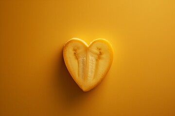 One slice of banana in the shape of a heart, a clean background of pastel orange color