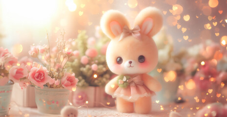 Lovely fluffy cute rabbit doll with copy space pastel color, baby doll