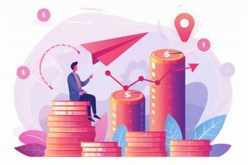 Illustration of a businessman on a stack of coins, pointing to a growth chart with a paper plane flying upwards..
