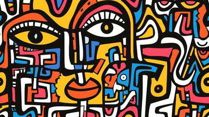 Abstract colorful doodle style painting with eyes and lips