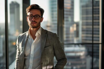 Fototapeta premium Man in Suit Standing by Window