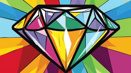   Multicolored diamond on a vibrant, multicolored background with a sunburst at its center