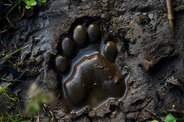 An animal footprint in the ground, a fresh paw print of a bear in wet mud