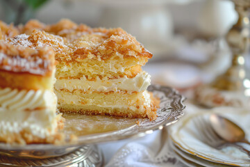 Close up of a creamy biscuit cake served on silver stand. French luxurious restaurant. Vintage style. European cuisine.