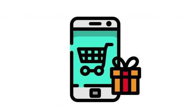 animated Online Shopping Process On Smartphone flat line icon animation isolated alpha channel video