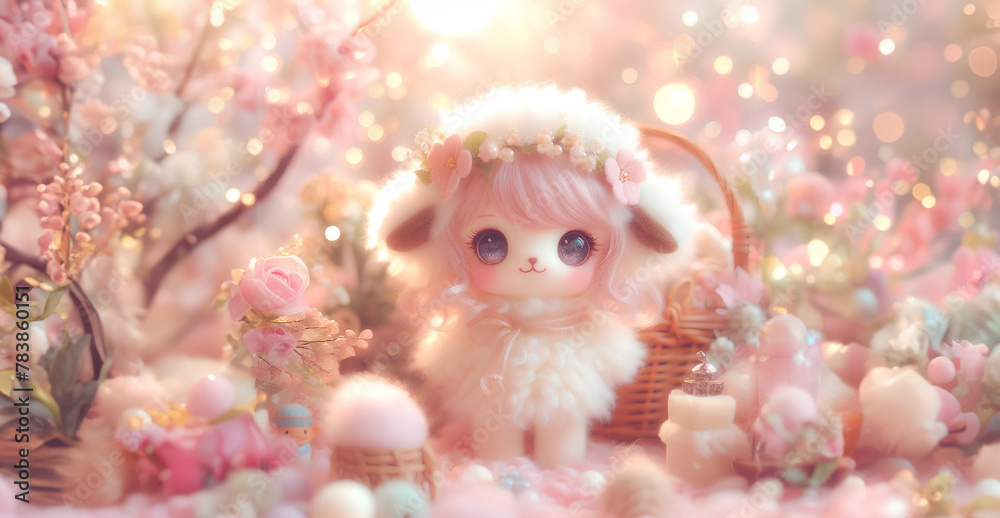 Wall mural Lovely fluffy cute doll sheepwith copy space pastel color, baby doll