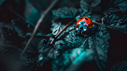 A side-angle shot of a ladybug crawling on a leaf, highlighting its tiny legs and iconic red and black spotted shell.


