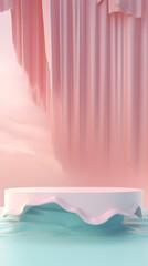Pastel Podium on Water with Waving Curtains:Futuristic 3D Render for Product Promotion