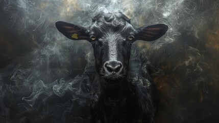   A tight shot of a black cow with smoke emanating from its ears and a yellow tag affixed to its ear - obrazy, fototapety, plakaty