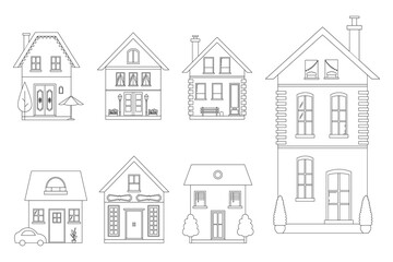 Set of isolated cute houses outline small buildings and trees. Village homes with windows vector illustration