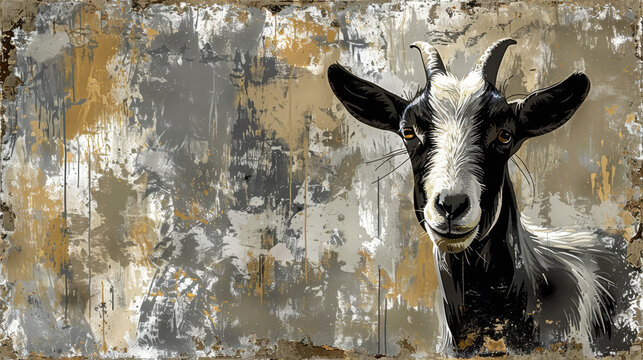   A goat painted black and white against a backdrop of gray and yellow The scene features a grunge texture to the goat's left, adjacent to its head