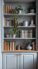Fototapeta na wymiar Detail shot of a built-in bookcase filled with books and decor, scandinavian style interior