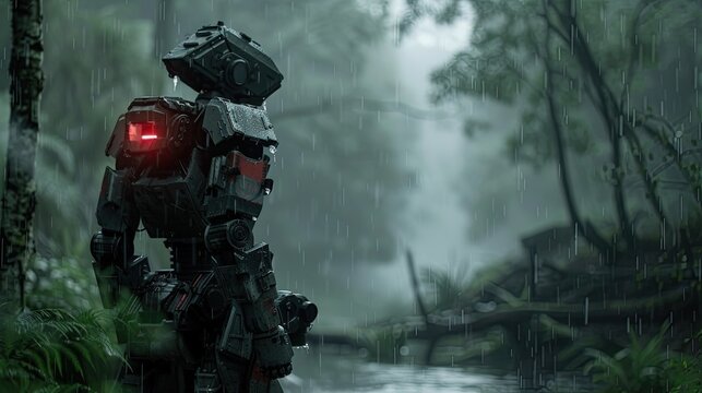 mech male warrior soldier in the rain
