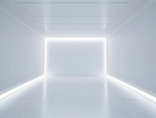 Stark and Serene Futuristic 3D Corridor with Luminous Neon Lighting in a Monochromatic Space