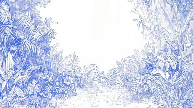   A winding path in a forest, depicted in shades of blue and white, is flanked by an abundance of plants and vibrant flowers