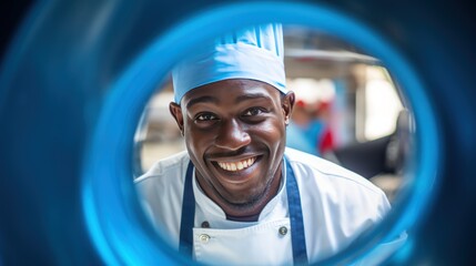  A cheerful chef while standing in the kitchen
