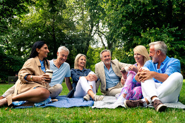 Group of seniors sitting on the grass at the park talking about old times and their friendship.  - 783861335