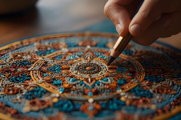 "Experience the fusion of Eastern and Western influences in a mandala art masterpiece, featuring intricate details and a digital, pixelated rendering."