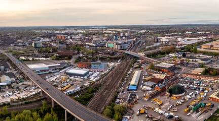 Aerial view of Doncaster city centre with transport links at sunset