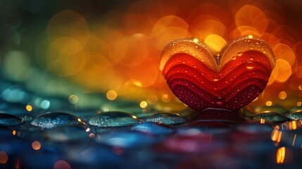   A heart-shaped object, closely framed, rests on a wet surface Water droplets cling to it In the backdrop, soft lights are faintly visible, sub - obrazy, fototapety, plakaty