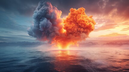   A vast column of smoke ascending from a sunset-kissed water body