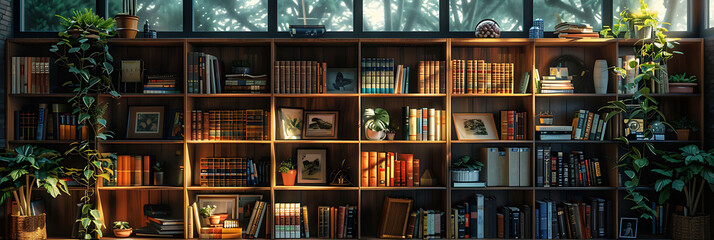 Detail shot of a built-in bookcase filled with books and decor, hyperrealistic photography of modern interior design